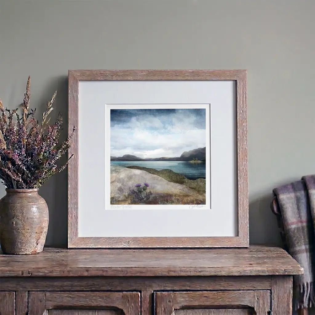 Plockton Thistles Contemporary Scottish landscape art print by Dundee artist Carol McEwan